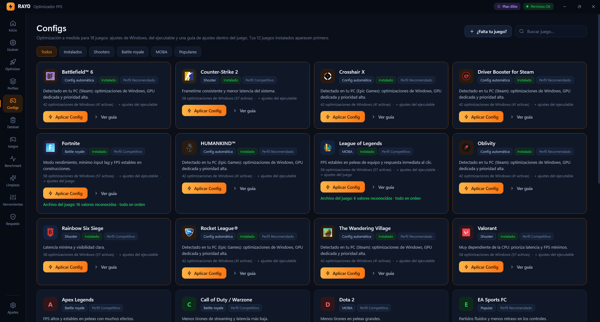 Configs por juego en Rayo, con los juegos instalados primero