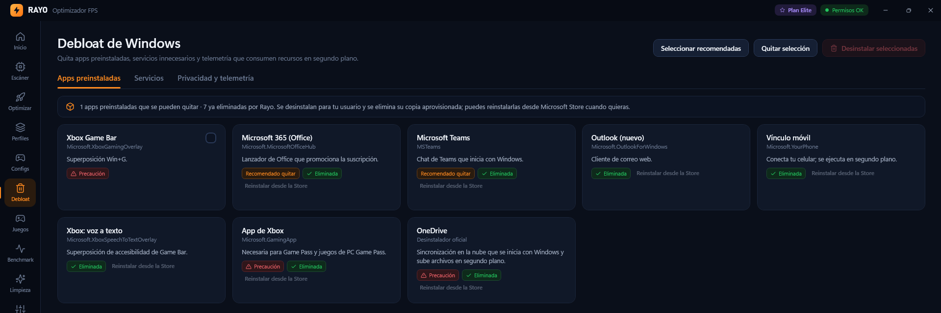 Debloat de Windows en Rayo con apps preinstaladas que se pueden quitar