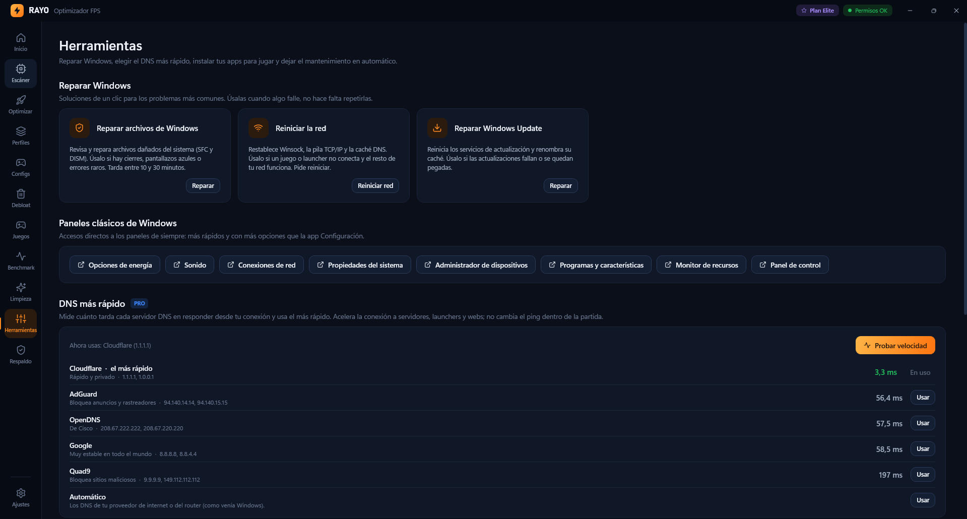 Herramientas de Rayo: reparar Windows, paneles clásicos y DNS más rápido
