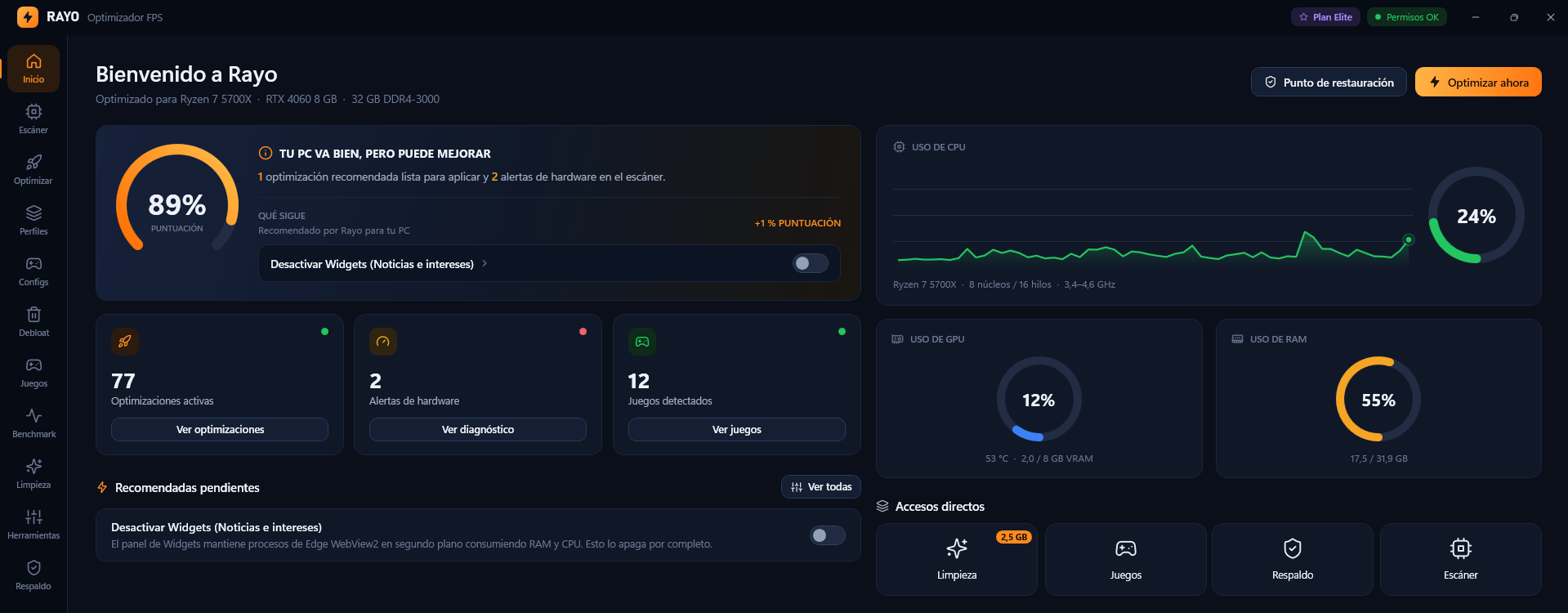 Pantalla de inicio de Rayo: puntuación del PC, uso de CPU, GPU y RAM en vivo y la siguiente optimización recomendada