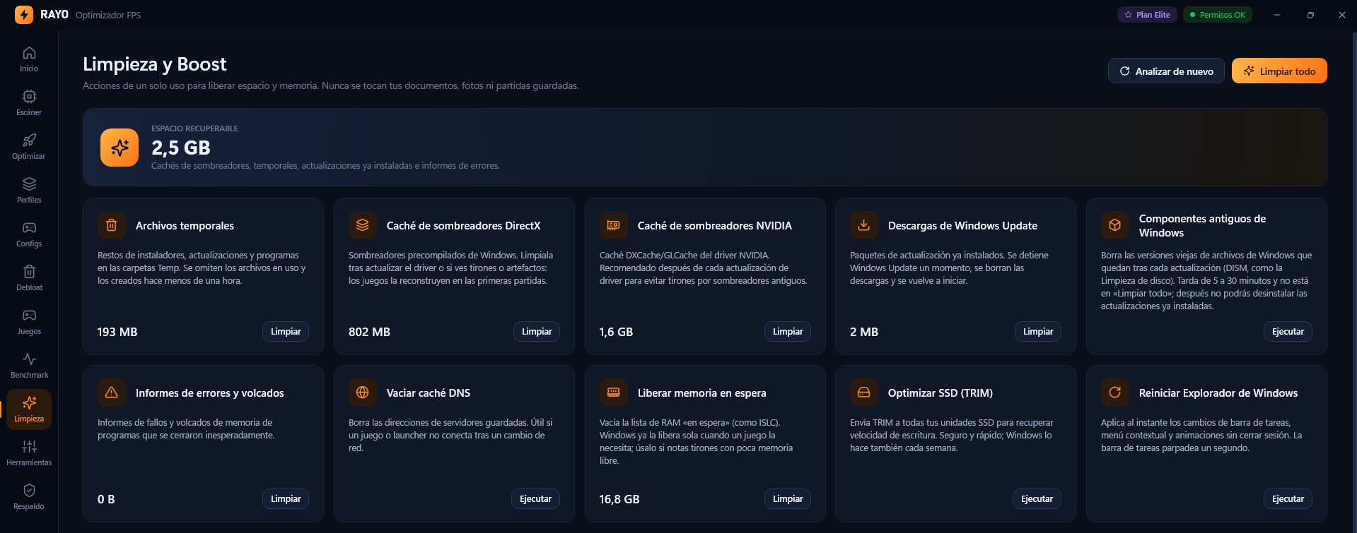 Limpieza y Boost de Rayo con el espacio recuperable por categoría