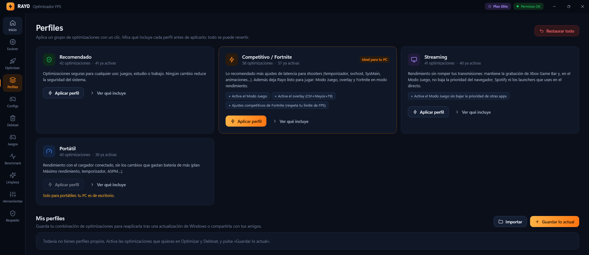 Perfiles de Rayo: Recomendado, Competitivo, Streaming y Portátil